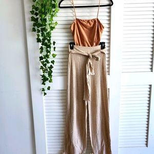 2 PIECEWide leg pants and Beige shirt crop top SET